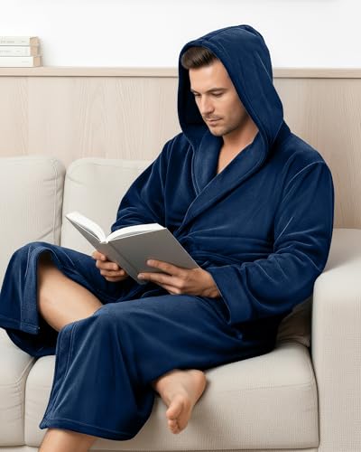 NY Threads روب رجال NY Threads مع غطاء رأس، روب استحمام فخم من الفليس، روب سبا للرجال، 2X-Large/3X-Large، أزرق داكن - Image 4