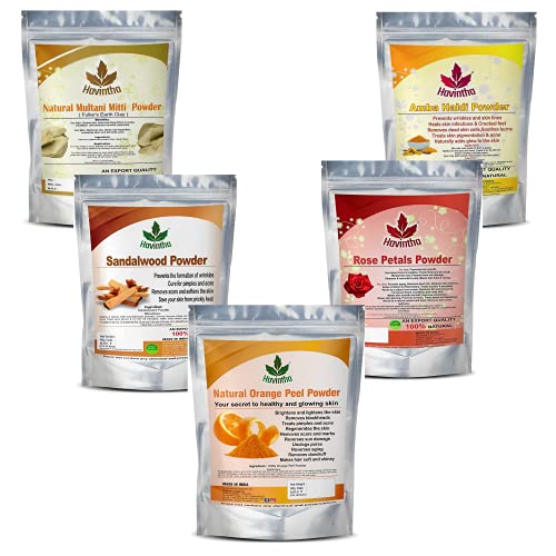Havintha Natural Face Pack for Healthy and Glowing Skin Combo Pack of Multani Mitti, Sandal Wood, Orange Peel, Rose Petal, Amba Haldi Powder (Each 50gm) - Image 2