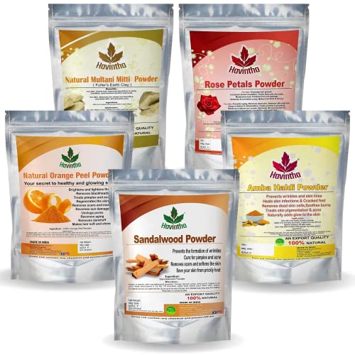 Havintha Natural Face Pack for Healthy and Glowing Skin Combo Pack of Multani Mitti, Sandal Wood, Orange Peel, Rose Petal, Amba Haldi Powder (Each 50gm) - Image 1