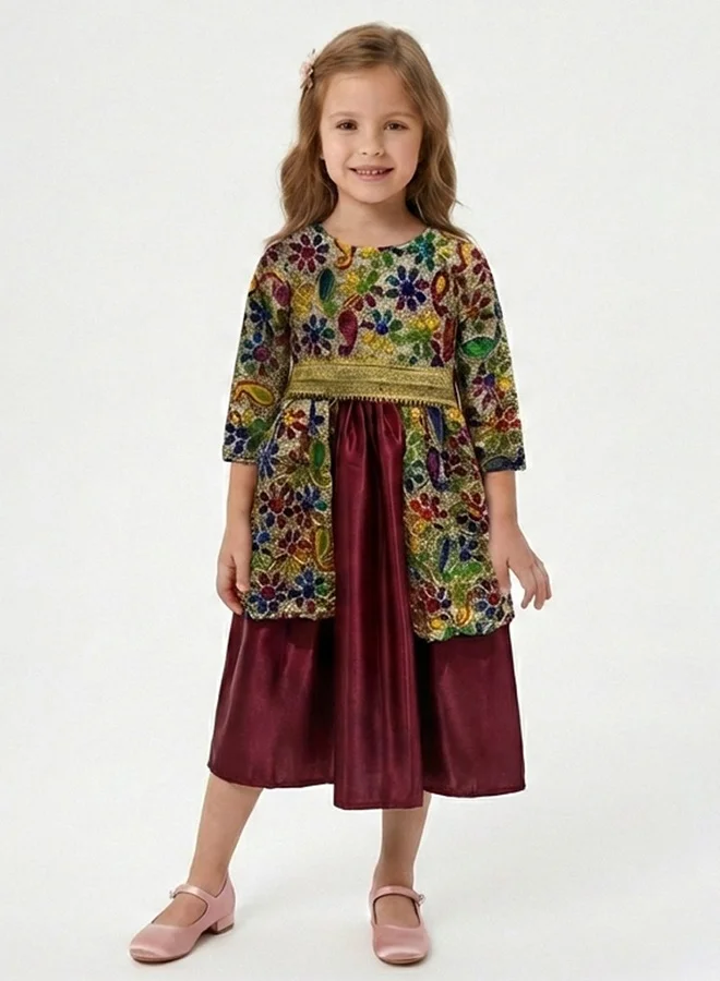 HAWRAA ABAYA Kids' Multicolor Embroidered Dress with Luxurious Burgundy Satin