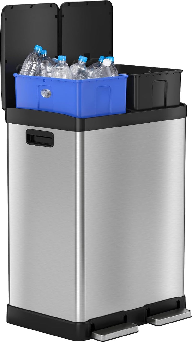 SoftStep 16 Gallon Step Trash Can & Recycle Bin with Activated Carbon Filter Deodorizers, Stainless Steel, 2 x 8 Gallon (30L) Removable Color-Coded Buckets, Soft Close and Airtight Seal - Image 3