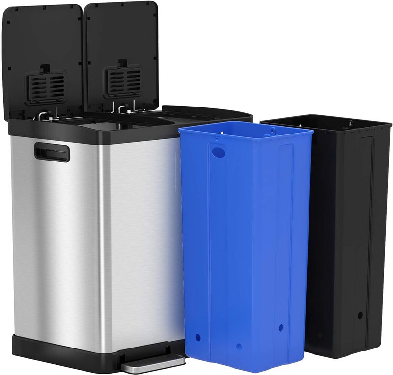 SoftStep 16 Gallon Step Trash Can & Recycle Bin with Activated Carbon Filter Deodorizers, Stainless Steel, 2 x 8 Gallon (30L) Removable Color-Coded Buckets, Soft Close and Airtight Seal - Image 5