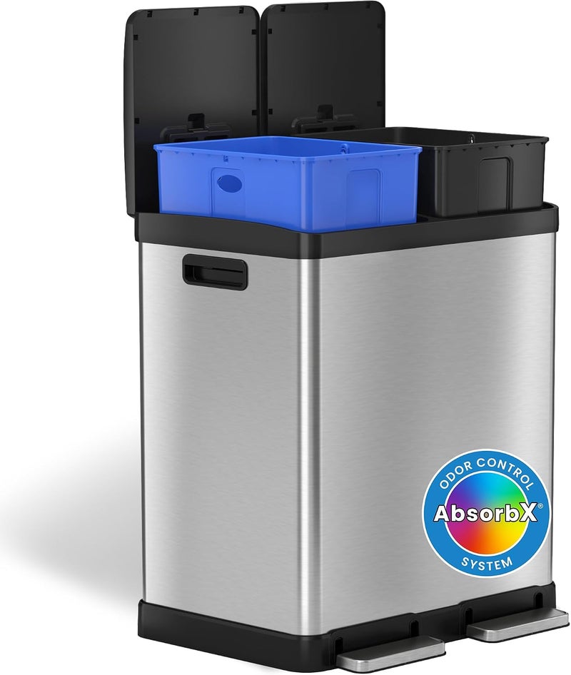 SoftStep 16 Gallon Step Trash Can & Recycle Bin with Activated Carbon Filter Deodorizers, Stainless Steel, 2 x 8 Gallon (30L) Removable Color-Coded Buckets, Soft Close and Airtight Seal - Image 1