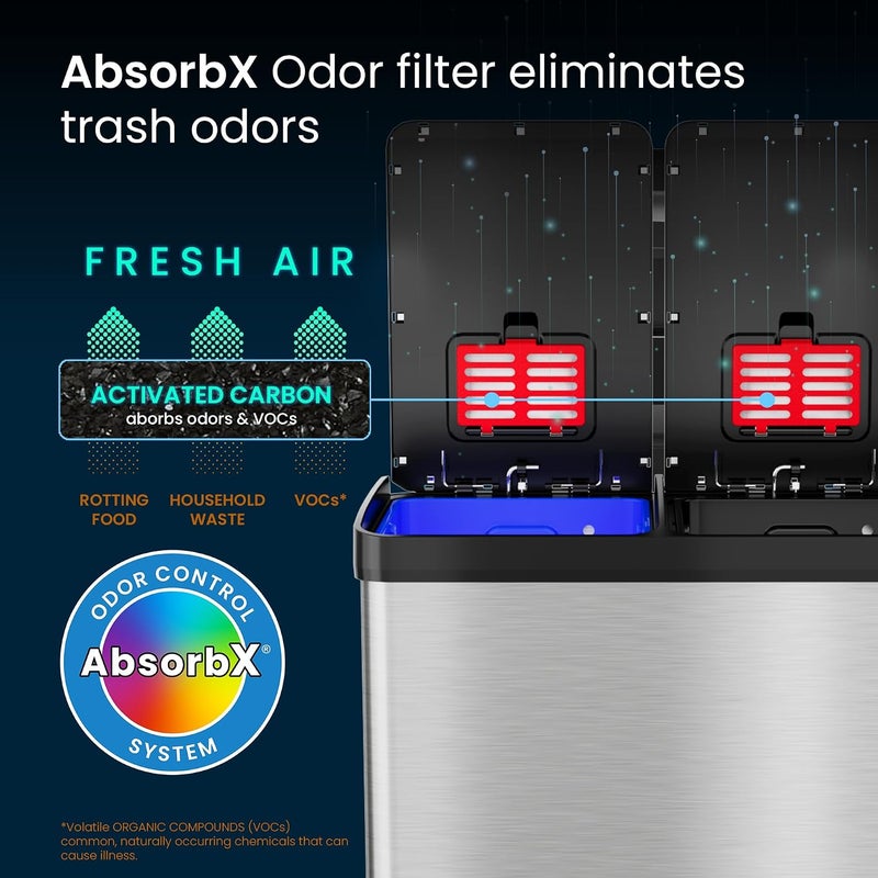 SoftStep 16 Gallon Step Trash Can & Recycle Bin with Activated Carbon Filter Deodorizers, Stainless Steel, 2 x 8 Gallon (30L) Removable Color-Coded Buckets, Soft Close and Airtight Seal - Image 4