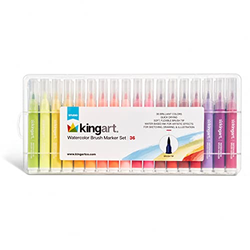 أقلام تلوين مائية KINGART 40536 برأس فرشاة مع علبة 36 لون أسطوانة عريضة لسهولة الإمساك حبر غير سام قائم على الماء رأس مرن ناعم للرسم البياني فن الكوميديا مانغا الكتابة