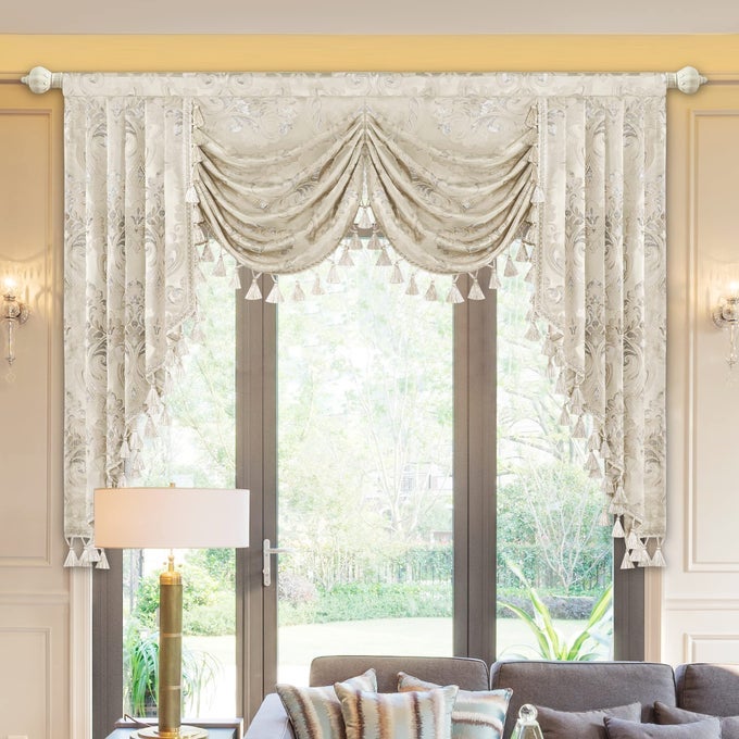 LUXURY WATERFALL VALANCES FOR WINDOWS ELEGANT JACQUARD THICK SWAG CURTAINS VALANCE WITH TASSELS FOR LIVING ROOM BEDROOM PARTY BANQUET DECORATIONS LIGHT APRICOT W59 INCH 1 PANEL
