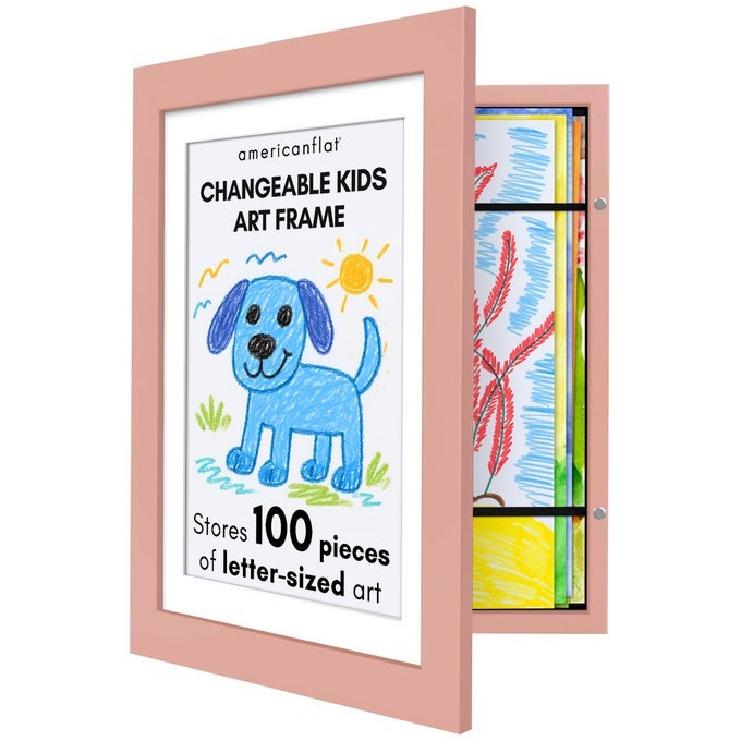 Kids Artwork Frame Changeable Peachy Pink Magnetic Door Holds 100 Art Pieces 85x11 Letter Size Display with Mat or 10x125 Without Mat My Mini Masterpiece