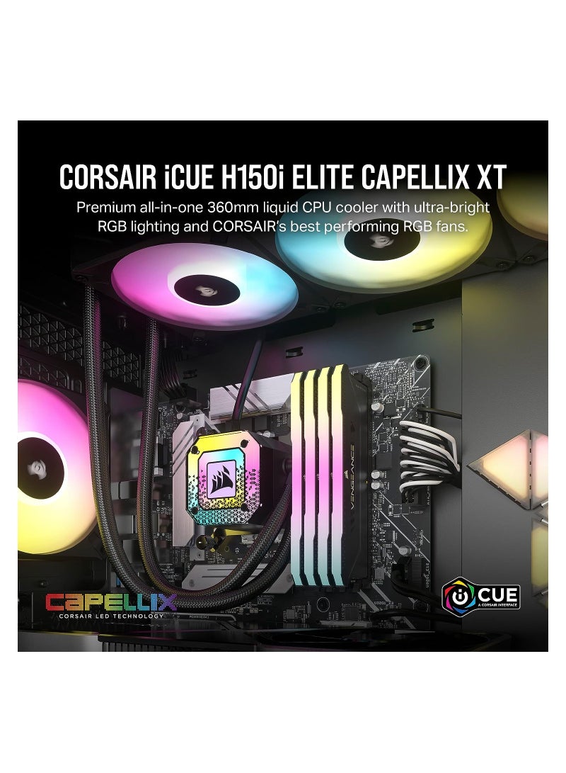 كورسير مبرد وحدة المعالجة المركزية السائل لسطح المكتب iCUE H150i Elite CAPELLIX XT - ثلاث مراوح AF120 RGB Elite - مشعاع 360 مم - Intel LGA 1700، 1200، 115X، 2066، AMD AM5، AM4 - يتضمن Commander Core - Image 2