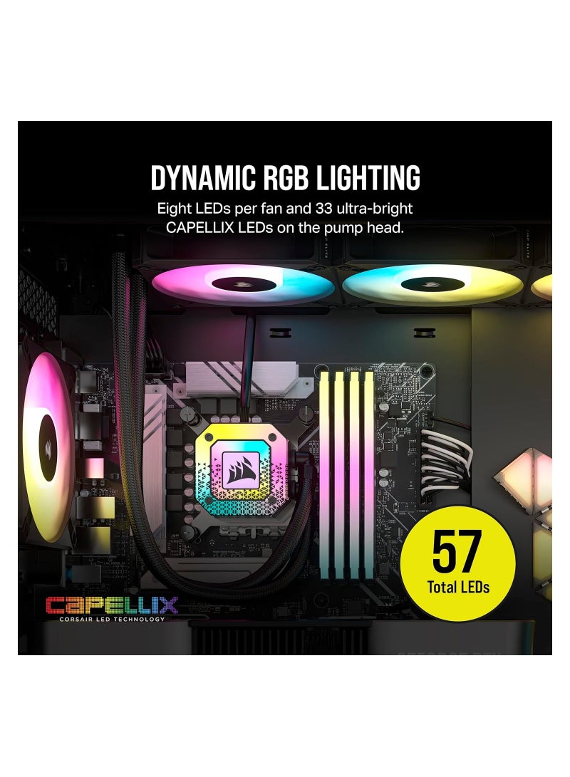 كورسير مبرد وحدة المعالجة المركزية السائل لسطح المكتب iCUE H150i Elite CAPELLIX XT - ثلاث مراوح AF120 RGB Elite - مشعاع 360 مم - Intel LGA 1700، 1200، 115X، 2066، AMD AM5، AM4 - يتضمن Commander Core - Image 4