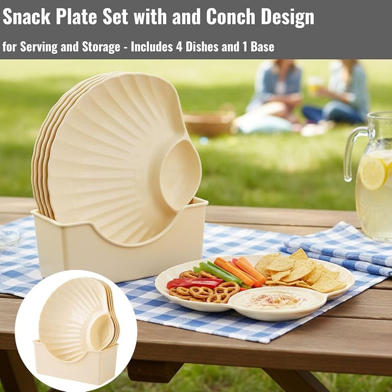 مجموعة طبق الوجبات الخفيفة بتصميم الصدف 4 أطباق وقاعدة واحدة على شكل صدفة باللون الأصفر 17.5x19x2.2 سم - Image 4