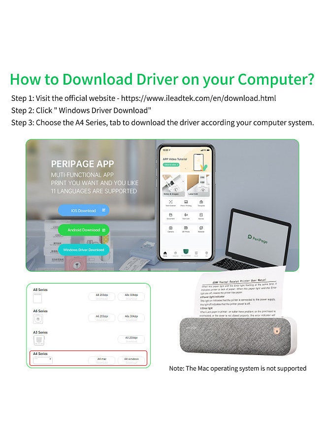PeriPage - A4 Paper Printer Direct Thermal Transfer Wirless Printer Mobile 210mm Mini Mobile Photo Printer USB BT Connection with 1 Roll Thermal Paper - Image 1