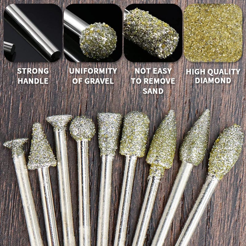SI FANG 30Pcs Diamond Grinding Burr Drill Bit Mix Set with 1/8-inch Shank 10 Style Grit 60 Diamond Coated Grinding Head for Rotary Tools Stone Carving Accessories Bit Universal Fitment - Image 2