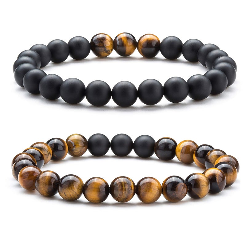 Hamoery Men Women 8mm Couple Beads Bracelet Elastic Natural Stone Yoga Bracelet Bangle (Set1) - Image 1