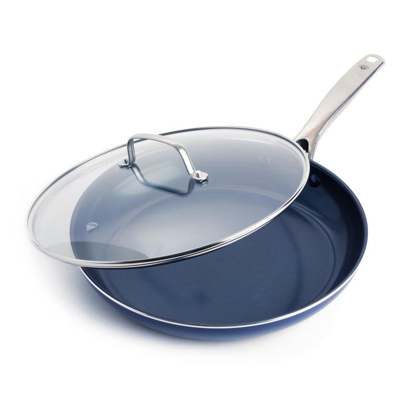 Blue Diamond 12 Nonstick Frying Pan with Lid Diamond Infused PFAS PTFEFree Ceramic Skillet Dishwasher Oven Safe Stay Cool Handle Durable Non Toxic Metal Utensil Safe Glass Lid Blue