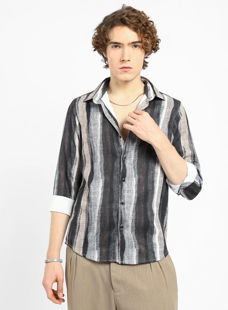 كامبوس سوترا قميص رجالي أزرق بروسي وبني رمادي مخطط بلمسة ناعمة للملابس الكاجوال بياقة واسعة وأكمام طويلة وإغلاق بأزرار ومقاس مريح للاستخدام اليومي