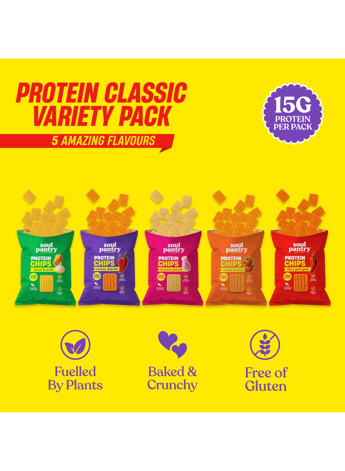 Protein Classics Chips Variety Of 5 Packs, Gluten Free, Baked Chips Smokey Chipotle, Tuscan Tomato, Peri Peri, Cheese & Garlic, Himalayan Pink Salt, Healthy Snacks