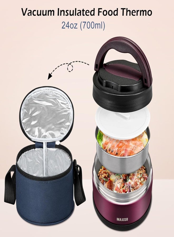 MAXSO Food Jar for Hot Food - 24 OZ Soup Thermo for Adults Vacuum Insulated Lunch Containers with Foldable Spoon & Thermal Bag, Wide Mouth Leakproof Bento Box - Burgundy - Image 2
