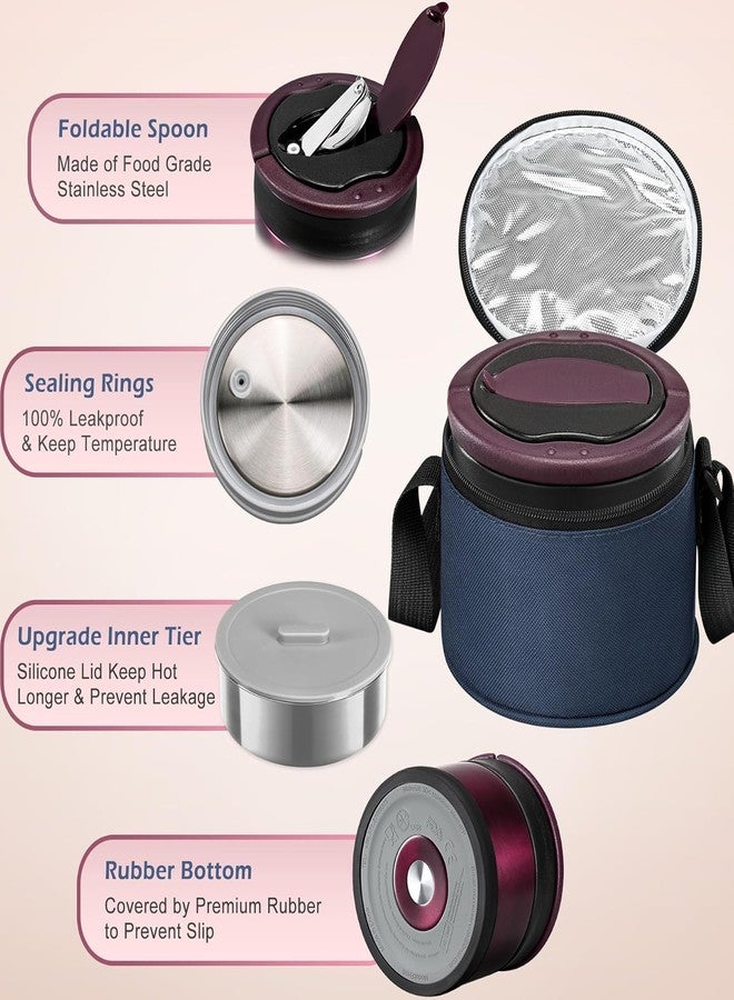 MAXSO Food Jar for Hot Food - 24 OZ Soup Thermo for Adults Vacuum Insulated Lunch Containers with Foldable Spoon & Thermal Bag, Wide Mouth Leakproof Bento Box - Burgundy - Image 3