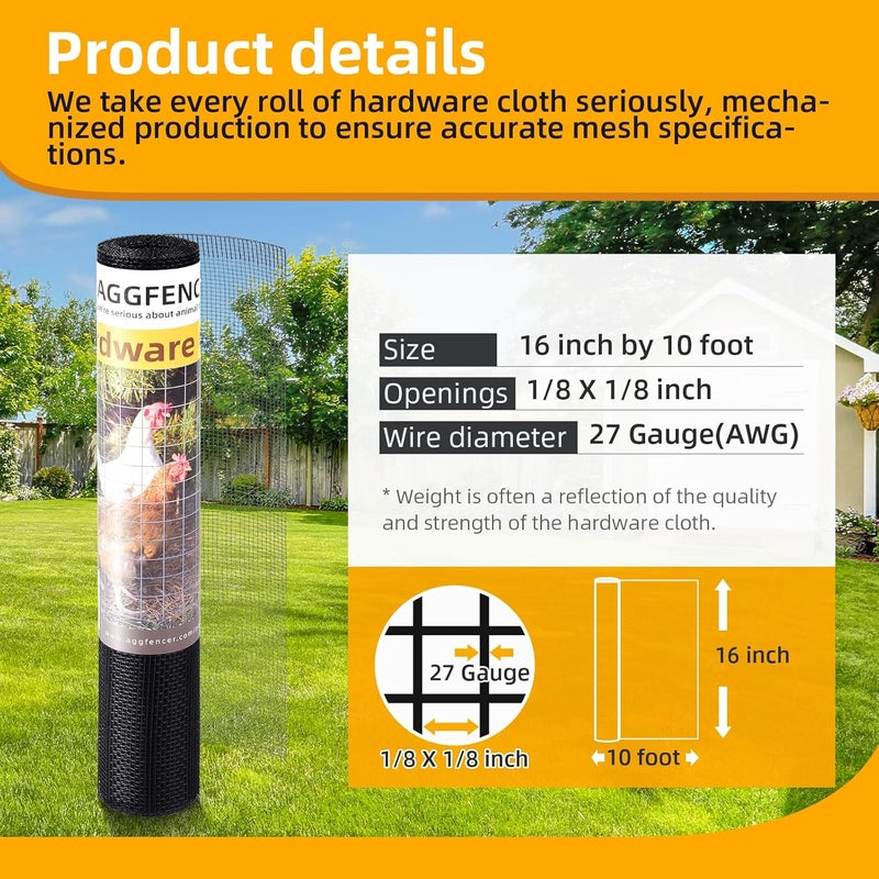 AggFencer 16in x 10ft Black Hardware Cloth 1/8 inch 27Ga PVC Coated Wire Mesh Vinyl Coated Galvanized Wire Mesh Screen Roll, Welded Metal Chicken Wire Fencing, for Garden Plant Fencing Bee Screen - Image 2
