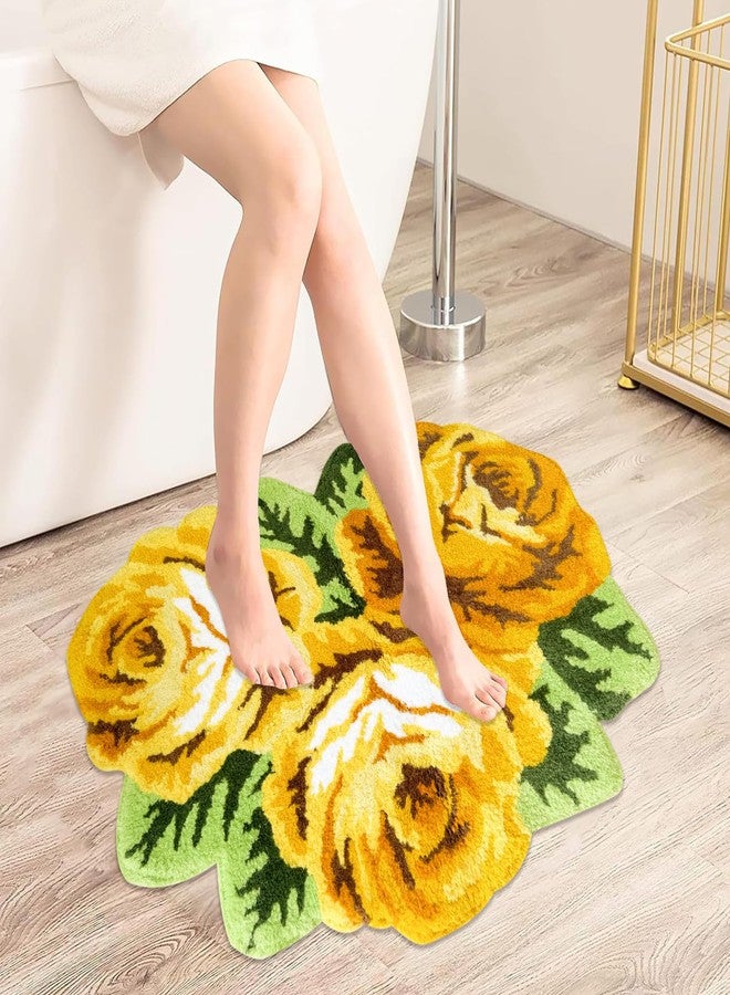 USTIDE Romantic Yellow Rose Rug Floor Mat Handmade Bathmat Girls Bedroom Bathroom Area Rug Washable Non-Slip Floral Floor Carpets Doormat 2FTx3FT - Image 2