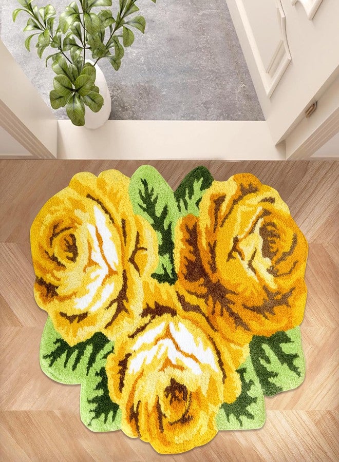 USTIDE Romantic Yellow Rose Rug Floor Mat Handmade Bathmat Girls Bedroom Bathroom Area Rug Washable Non-Slip Floral Floor Carpets Doormat 2FTx3FT - Image 1