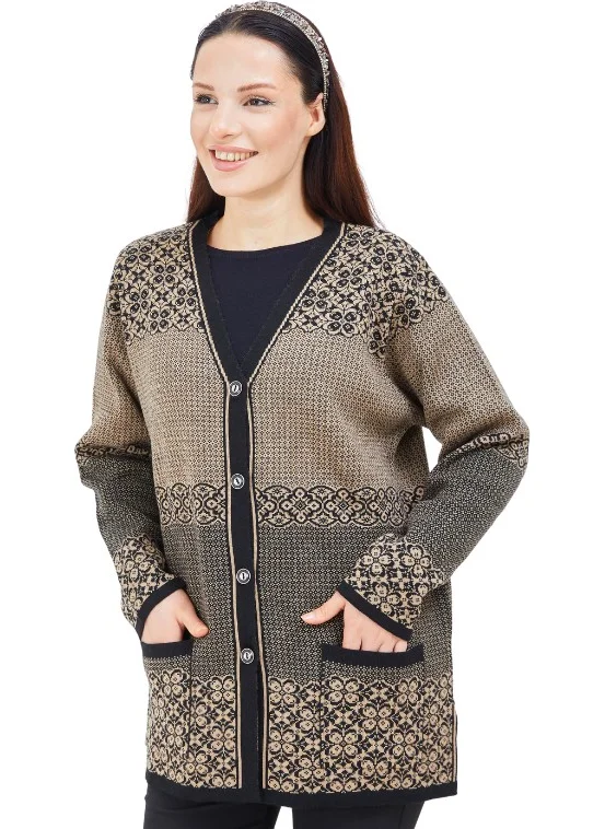 Stilmony Patterned Mink Buttoned Knitwear Mother Cardigan