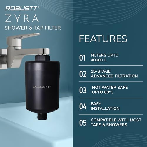 Robustt Zyra 15 stage Shower/Tap Filter & Water Softener for Home (Black) | Reduces Hair Fall, Skin Dryness & Limescale| Hard Water Filter For Tap, Shower, Handshower| For Municipal/Chlorine Water - Image 4