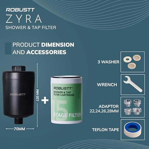 Robustt Zyra 15 stage Shower/Tap Filter & Water Softener for Home (Black) | Reduces Hair Fall, Skin Dryness & Limescale| Hard Water Filter For Tap, Shower, Handshower| For Municipal/Chlorine Water - Image 2