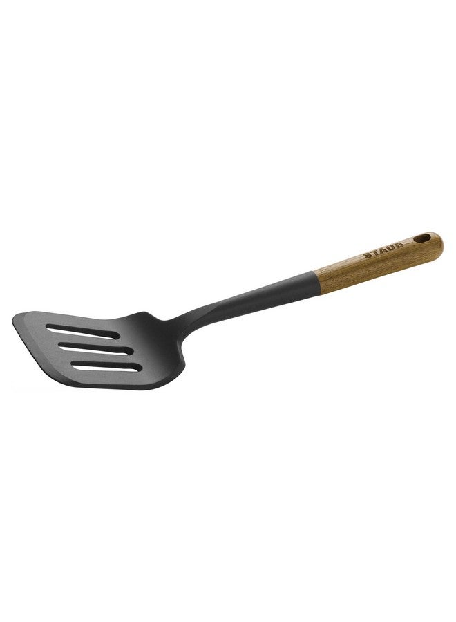 STAUB Silicone Spatula Turner, Perfectly Angled for Lifting Pancakes, Sandwiches and Picking up Veggies Durable BPA-Free Matte Black Silicone, Acacia Wood Handles, Safe for Nonstick Cooking Surfaces - Image 1