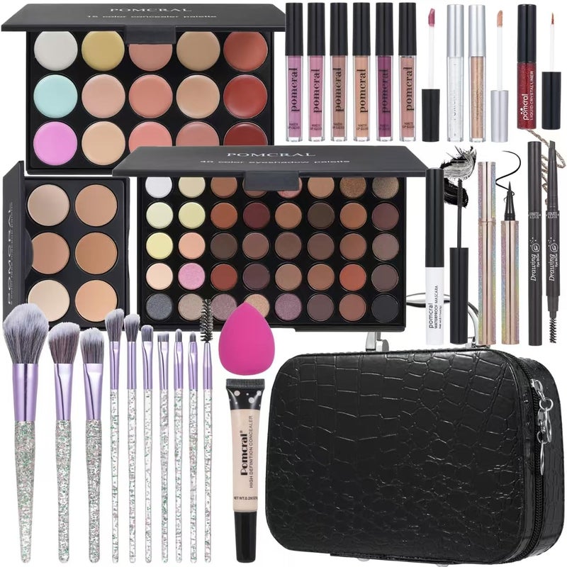 pomcral Makeup Kit For Girls,Full Makeup Set For Wonmen Includes 40 Colors Eyeshadow Palette Lip Gloss Liquid Lipstick Make up Sponge Brushes Eyebrow Concealer With Makeup Bag - Image 1