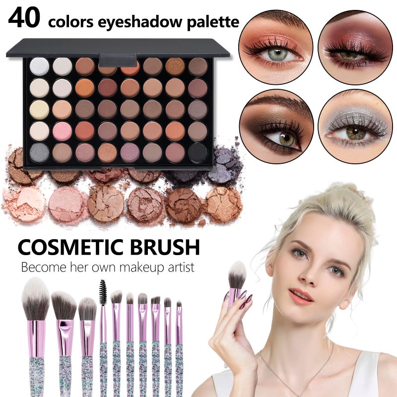 pomcral Makeup Kit For Girls,Full Makeup Set For Wonmen Includes 40 Colors Eyeshadow Palette Lip Gloss Liquid Lipstick Make up Sponge Brushes Eyebrow Concealer With Makeup Bag - Image 3