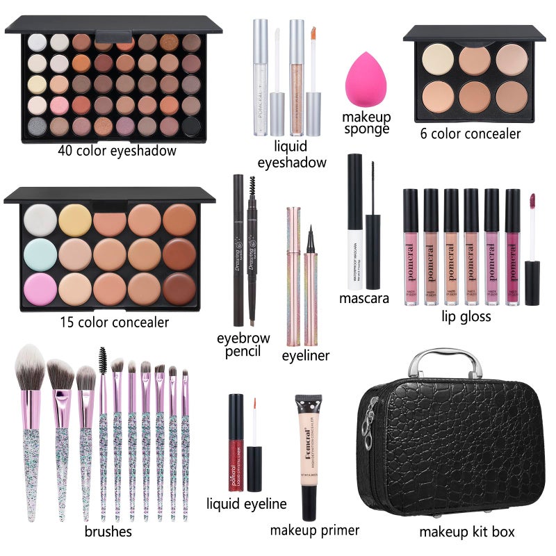 pomcral Makeup Kit For Girls,Full Makeup Set For Wonmen Includes 40 Colors Eyeshadow Palette Lip Gloss Liquid Lipstick Make up Sponge Brushes Eyebrow Concealer With Makeup Bag - Image 2