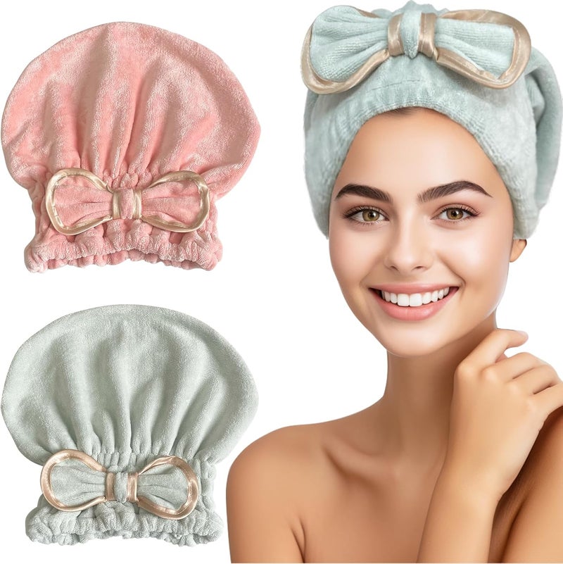 Jseng Microfiber Hair Towel Caps for Women with Cute Bowtie 2Packs Fast Drying Hair Towel Caps for Curly Long Wet Hair Anti Frizz