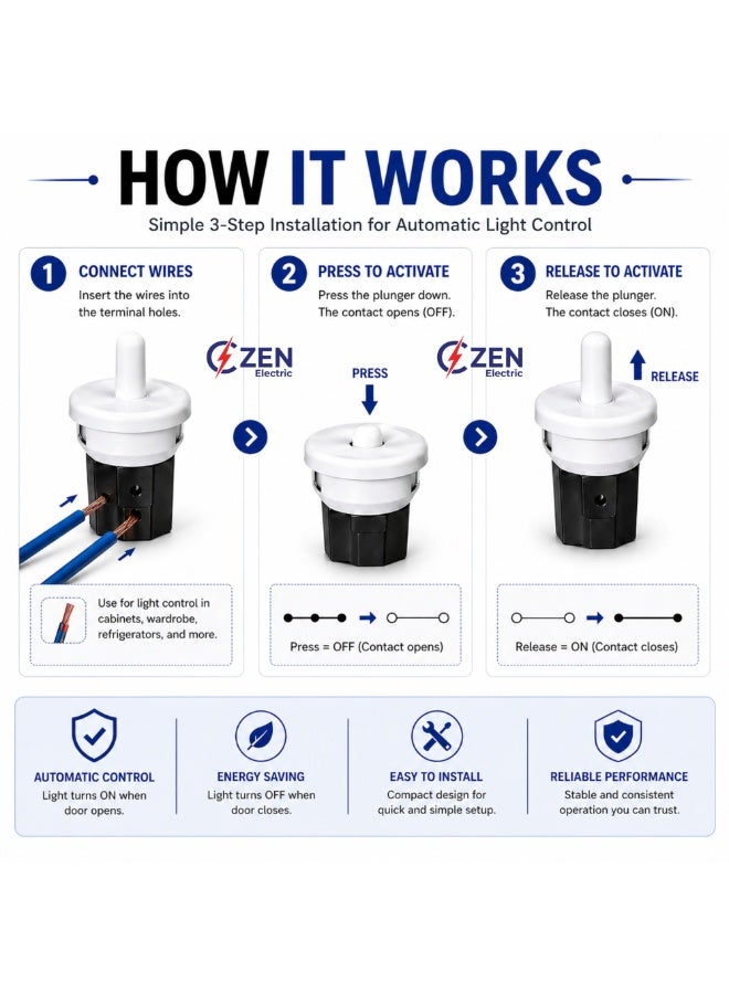 CZEN ELECTRIC Cabinet Door Plunger Switch (NC), 2.5A 250V Normally Closed White Switch – Wardrobe, Cabinet & Refrigerator Light Control, Compact Furniture Door Switch (Pack of 4) - Image 3
