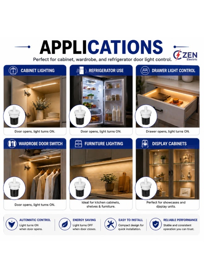 CZEN ELECTRIC Cabinet Door Plunger Switch (NC), 2.5A 250V Normally Closed White Switch – Wardrobe, Cabinet & Refrigerator Light Control, Compact Furniture Door Switch (Pack of 4) - Image 4