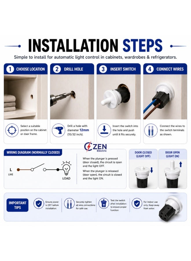 CZEN ELECTRIC Cabinet Door Plunger Switch (NC), 2.5A 250V Normally Closed White Switch – Wardrobe, Cabinet & Refrigerator Light Control, Compact Furniture Door Switch (Pack of 4) - Image 5