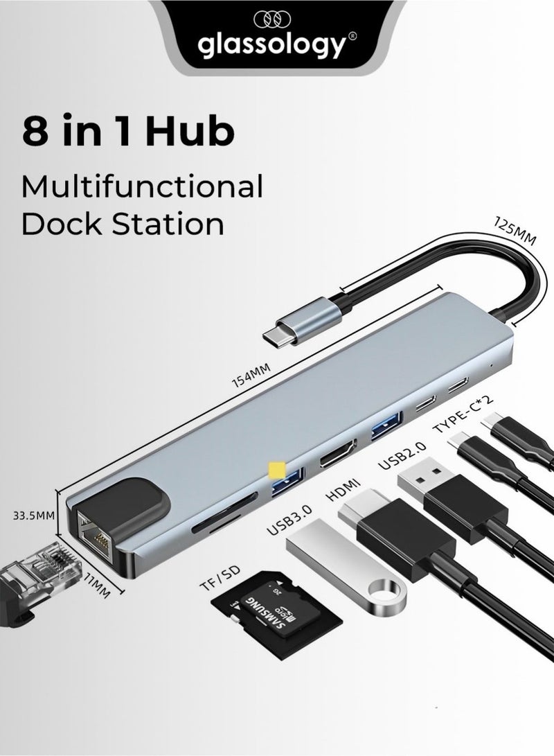 glassology 8 in 1 USB C Hub Dual Type C Ports 4K HDMI Output High Speed USB 3.0 SD TF Card Reader Ethernet and Audio Ports Compact Durable and Universally Compatible for Seamless Connectivity on the Go - Image 1