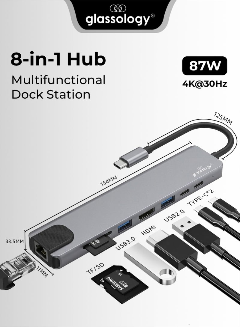 glassology 8 in 1 USB C Hub Dual Type C Ports 4K HDMI Output High Speed USB 3.0 SD TF Card Reader Ethernet and Audio Ports Compact Durable and Universally Compatible for Seamless Connectivity on the Go - Image 1