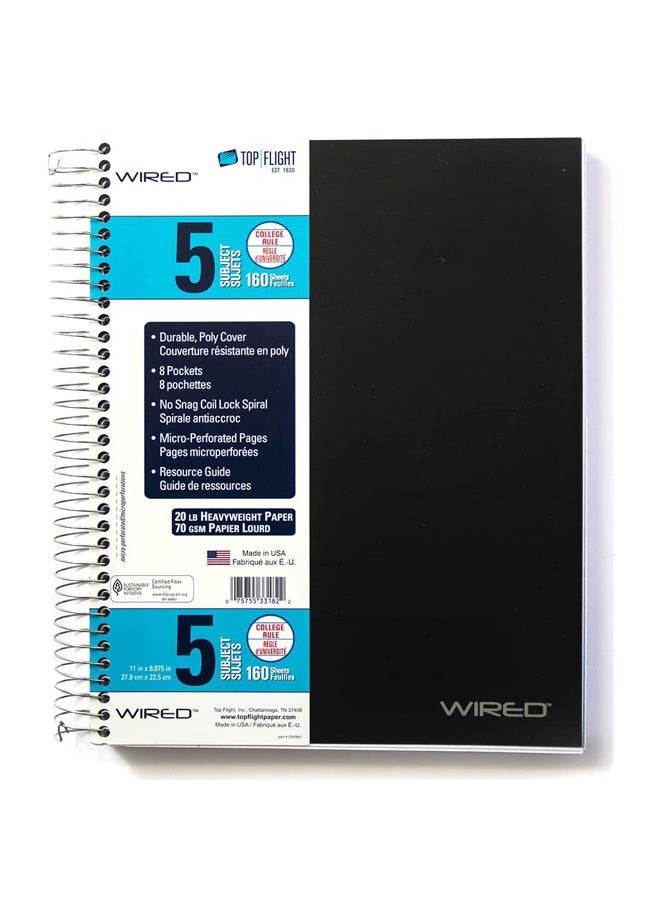 Top Flight Wired 5-Subject Wirebound Notebook with 8 Pockets, 160 Sheets, College Rule, 11 x 8.875 Inches, 1 Notebook, Cover May Vary (33182) - Image 2