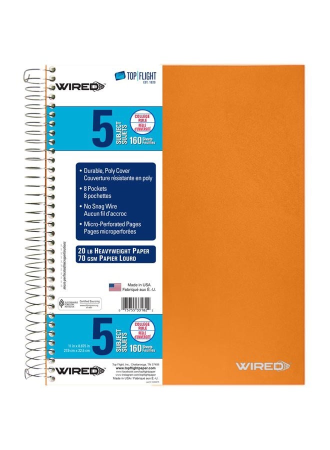 Top Flight Wired 5-Subject Wirebound Notebook with 8 Pockets, 160 Sheets, College Rule, 11 x 8.875 Inches, 1 Notebook, Cover May Vary (33182) - Image 1