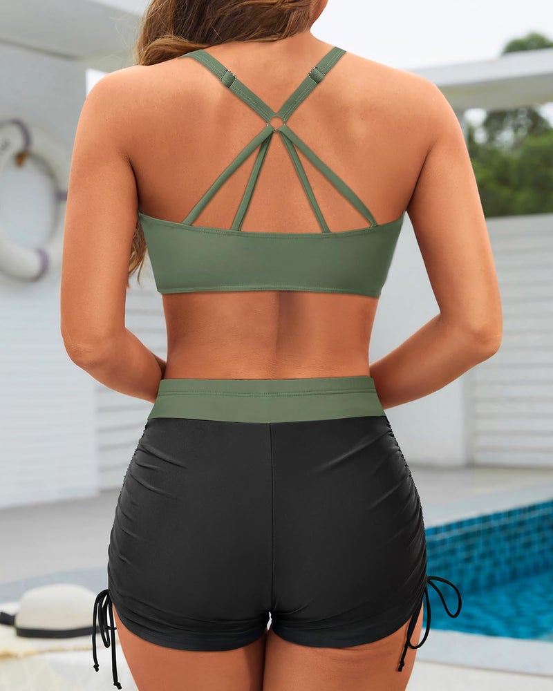 Yonique 3 Piece Tankini Swimsuits for Women Swim Tank Top Bathing Suits with Boy Shorts and Bra Athletic Swimwear Army Green XXS - Image 3