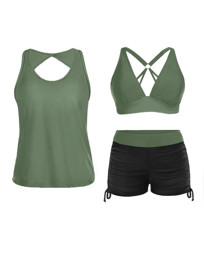 Yonique 3 Piece Tankini Swimsuits for Women Swim Tank Top Bathing Suits with Boy Shorts and Bra Athletic Swimwear Army Green XXS - Image 1