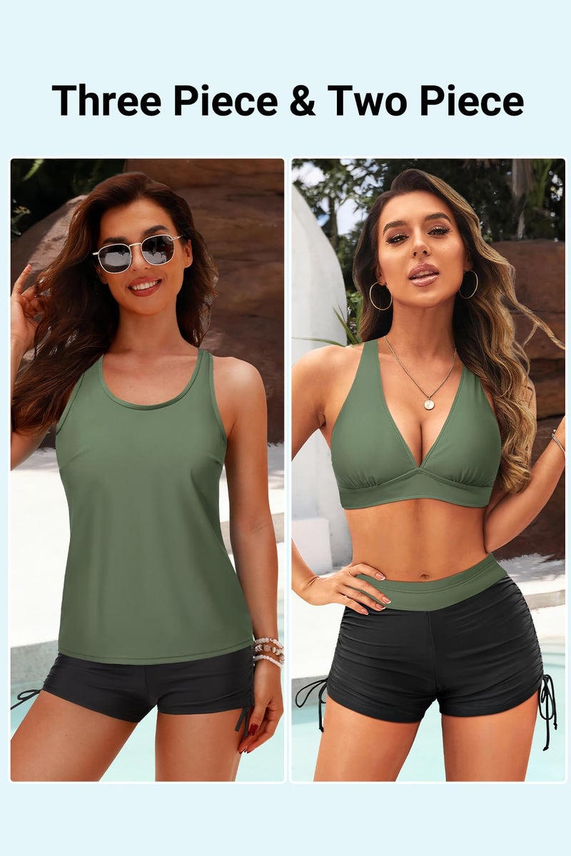 Yonique 3 Piece Tankini Swimsuits for Women Swim Tank Top Bathing Suits with Boy Shorts and Bra Athletic Swimwear Army Green XXS - Image 4
