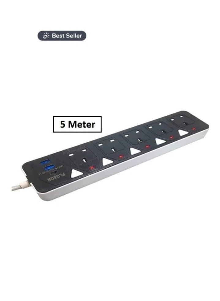 Electricity connection 5 meters Best Power Extension Cable | Electricity strips, extension cord, 5 sockets | 2 USB port | 1 Type-C port | Fast shipping | Charging socket connection connection for surg - Image 1