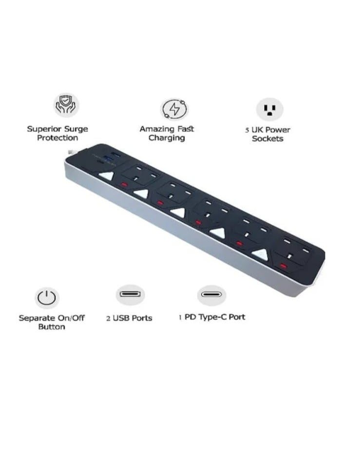 Electricity connection 5 meters Best Power Extension Cable | Electricity strips, extension cord, 5 sockets | 2 USB port | 1 Type-C port | Fast shipping | Charging socket connection connection for surg - Image 4