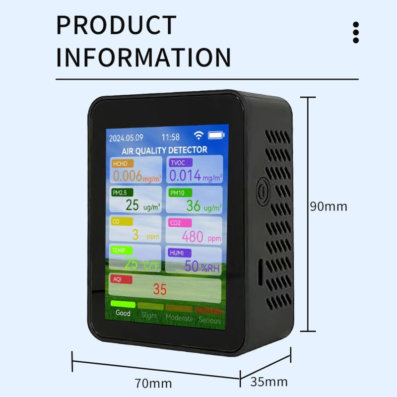 Tuya WiFi Multifunctional Air Quality Meter Household HCHO TVOC Carbon Monoxide CO2 PM2.5 PM10 Tester Portable Temperature Humidity Detector 2.8-inch TFT Display with Alarm Function - Image 3
