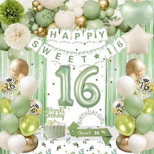 GYESXYW Sweet 16 Party Decorations Sage Green 16th Birthday Decorations for Girls Sweet 16 Birthday Banner Green Gold Balloons Crown Sash Fringe Curtain Tablecloth Cake Topper for Girls 16th Birthday Decor - Image 1
