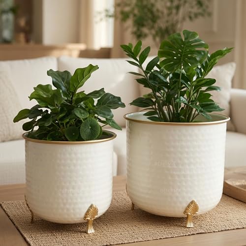 BEHOMA Metal Hammered Leaf Leg Planter Set of 2, White Planter with Golden Trim, Modern Indoor Outdoor Decor Balcony Living Room Office |Table Decoratives Plant Pot for Gifting (Plant not Included) - Image 1