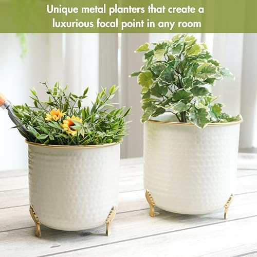 BEHOMA Metal Hammered Leaf Leg Planter Set of 2, White Planter with Golden Trim, Modern Indoor Outdoor Decor Balcony Living Room Office |Table Decoratives Plant Pot for Gifting (Plant not Included) - Image 3