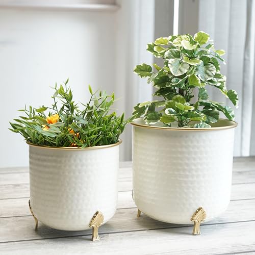 BEHOMA Metal Hammered Leaf Leg Planter Set of 2, White Planter with Golden Trim, Modern Indoor Outdoor Decor Balcony Living Room Office |Table Decoratives Plant Pot for Gifting (Plant not Included) - Image 2